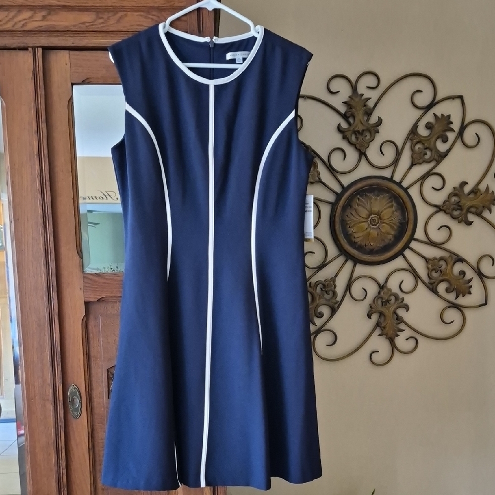 Bnwt Sandra Darren Blue Dress with White Trim
